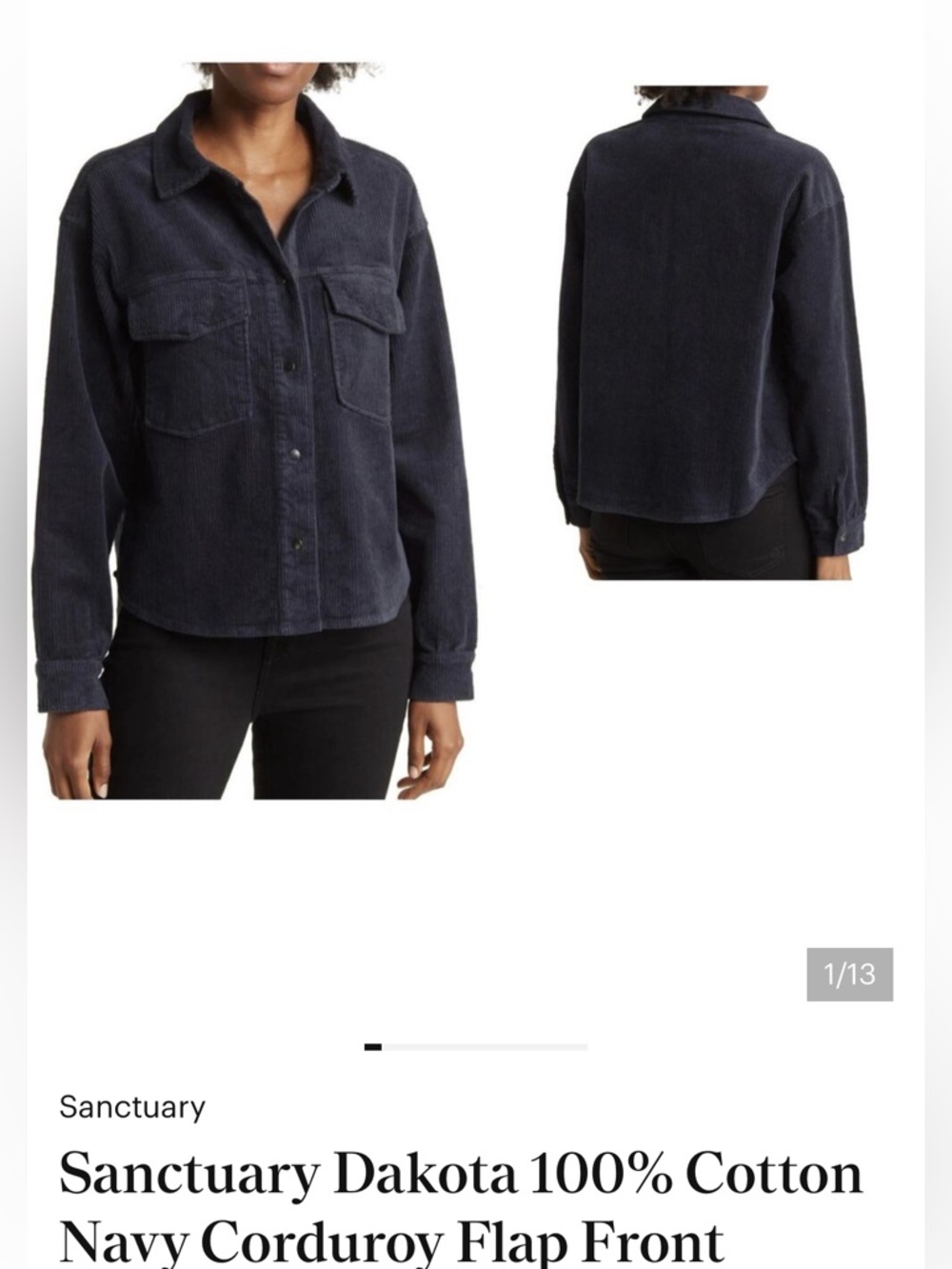 Sanctuary Navy Corduroy Button-Front Shacket